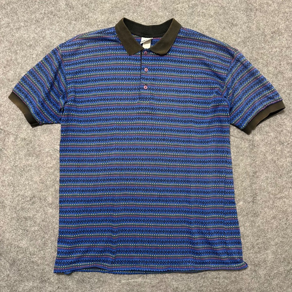 Head Polo Shirt Mens Large Blue Vintage Geometric Aztec Short Sleeve USA Made